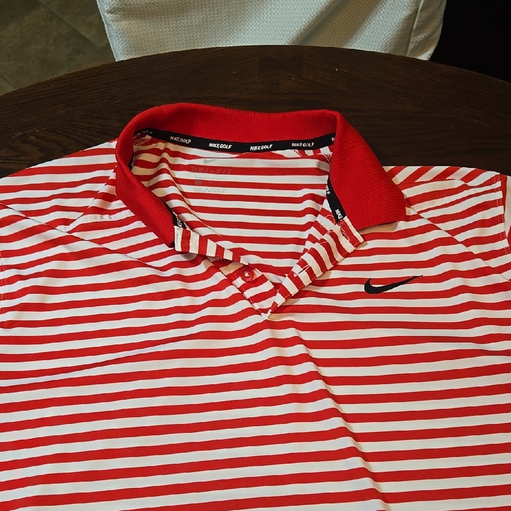 Nike Men's Red and White Striped Polo Shirt
